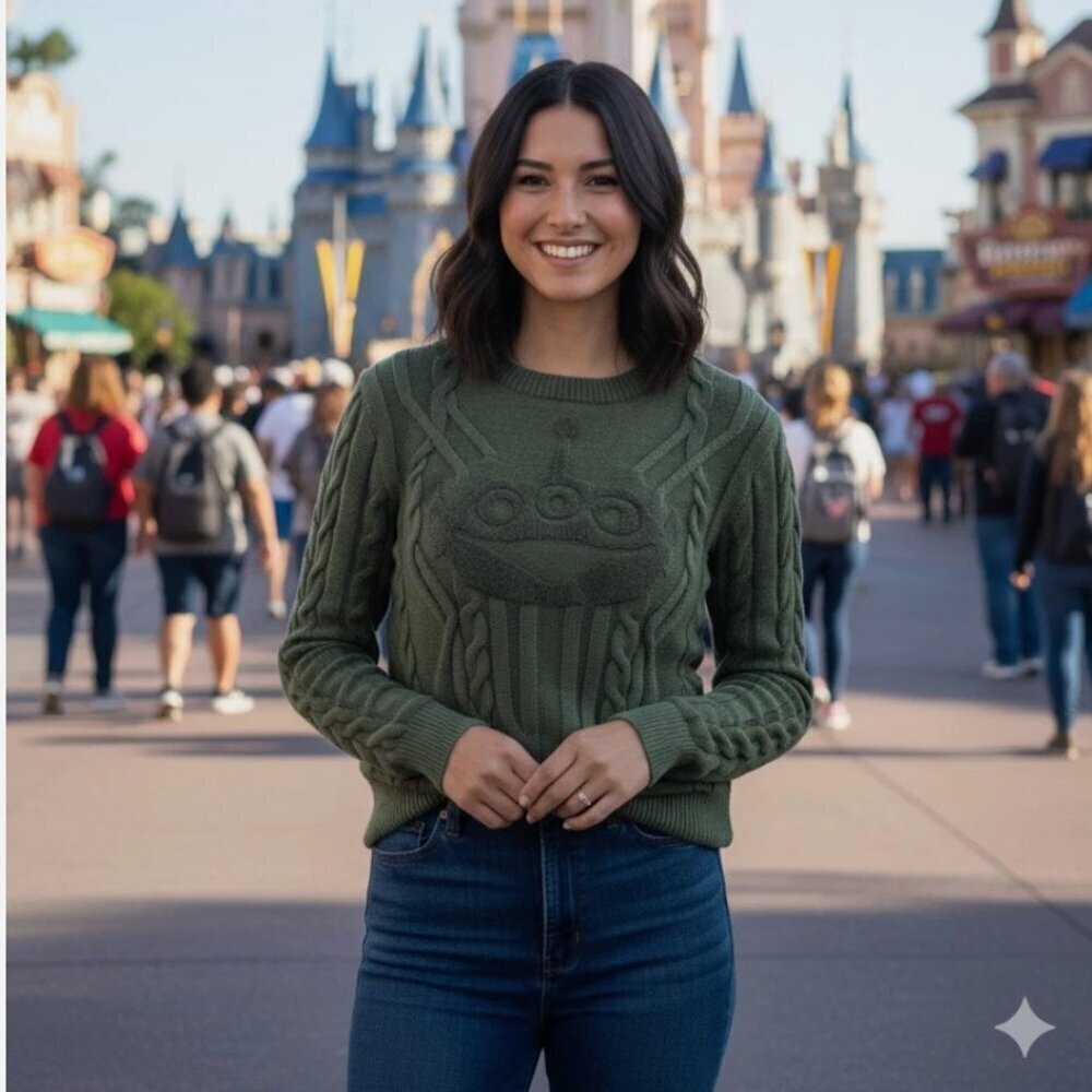Disney Pixar Toy Story Alien Cable Knit Sweater Womens XL Deep Green Pullover